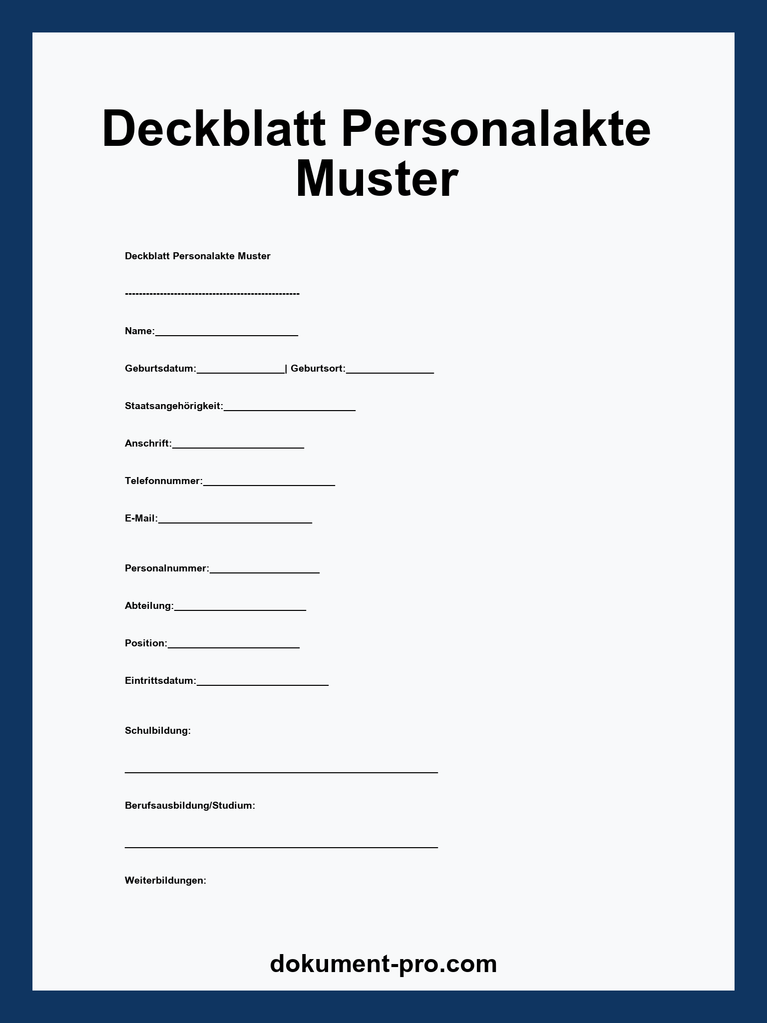 Deckblatt Personalakte Muster