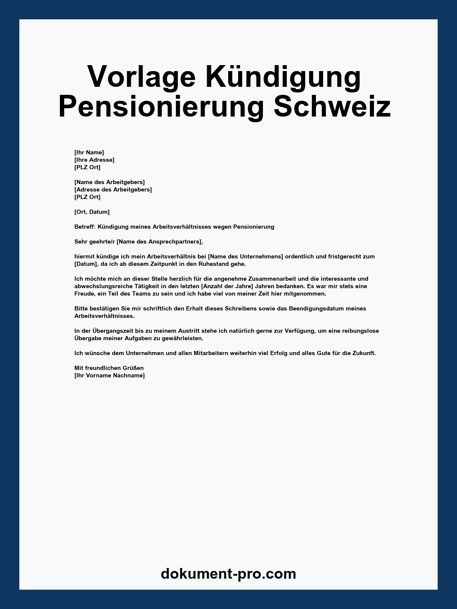 Vorlage Kündigung Pensionierung Schweiz