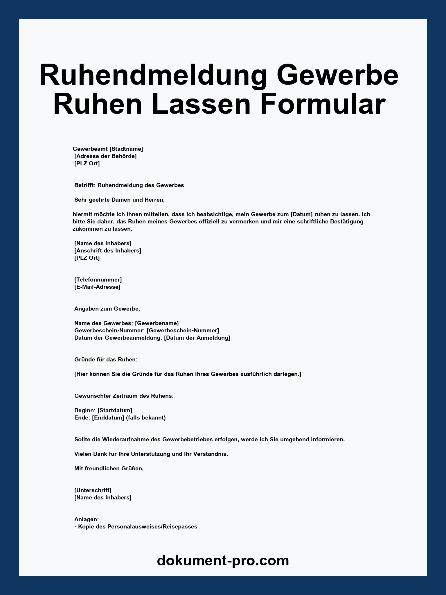 Ruhendmeldung Gewerbe Ruhen Lassen Formular - PDF