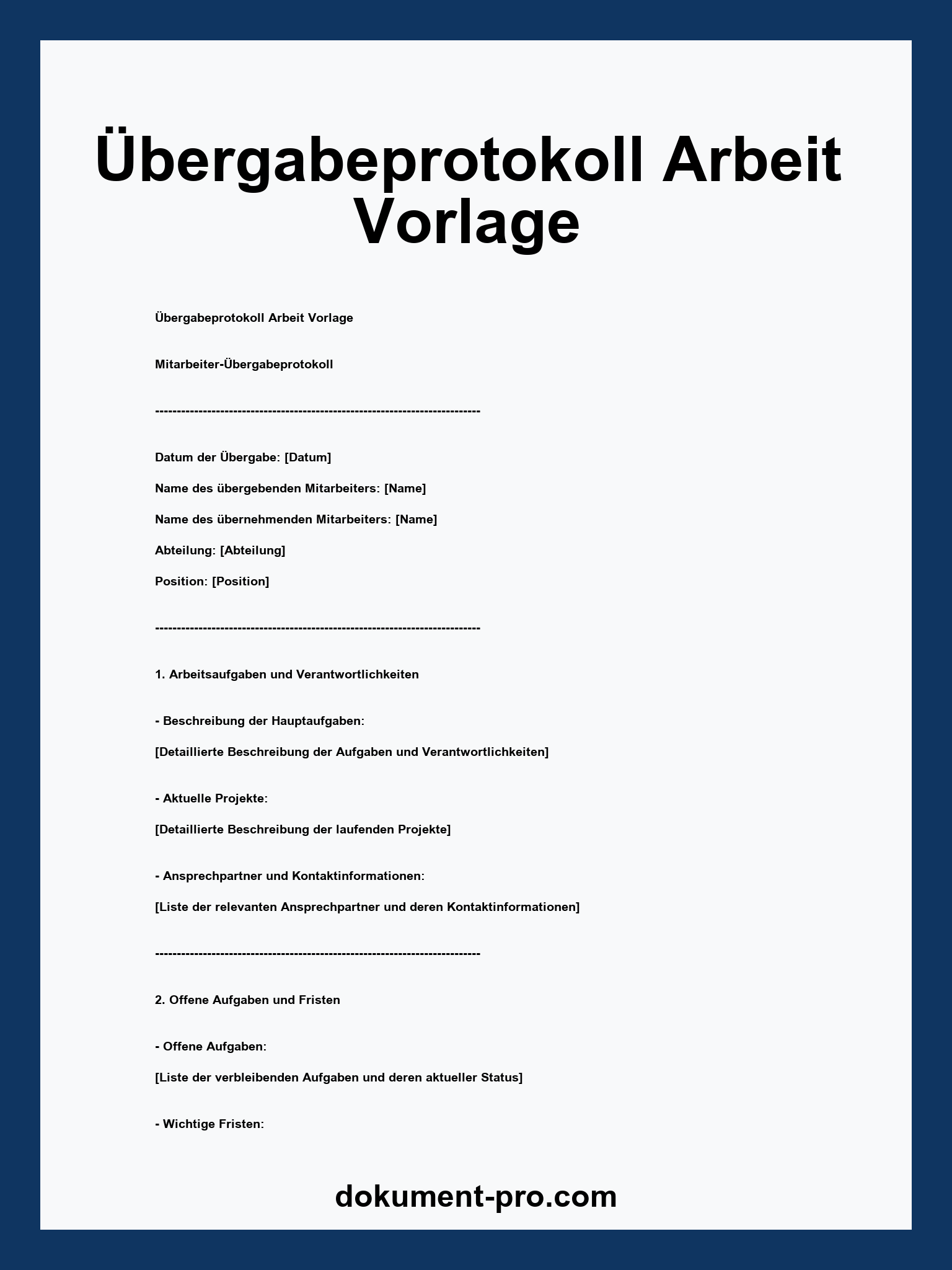 Übergabeprotokoll Arbeit Vorlage - WORD