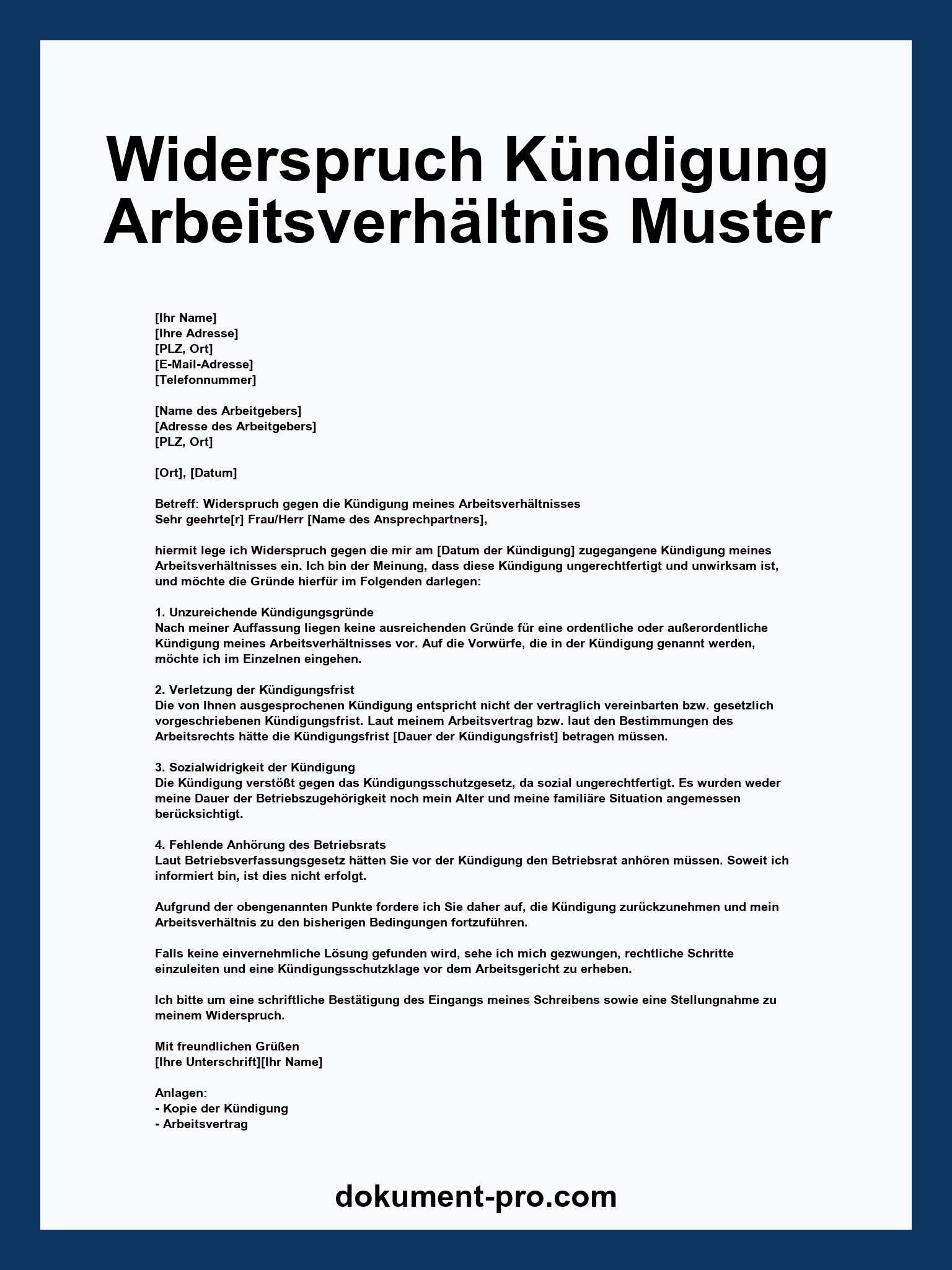 Widerspruch Kündigung Arbeitsverhältnis Muster