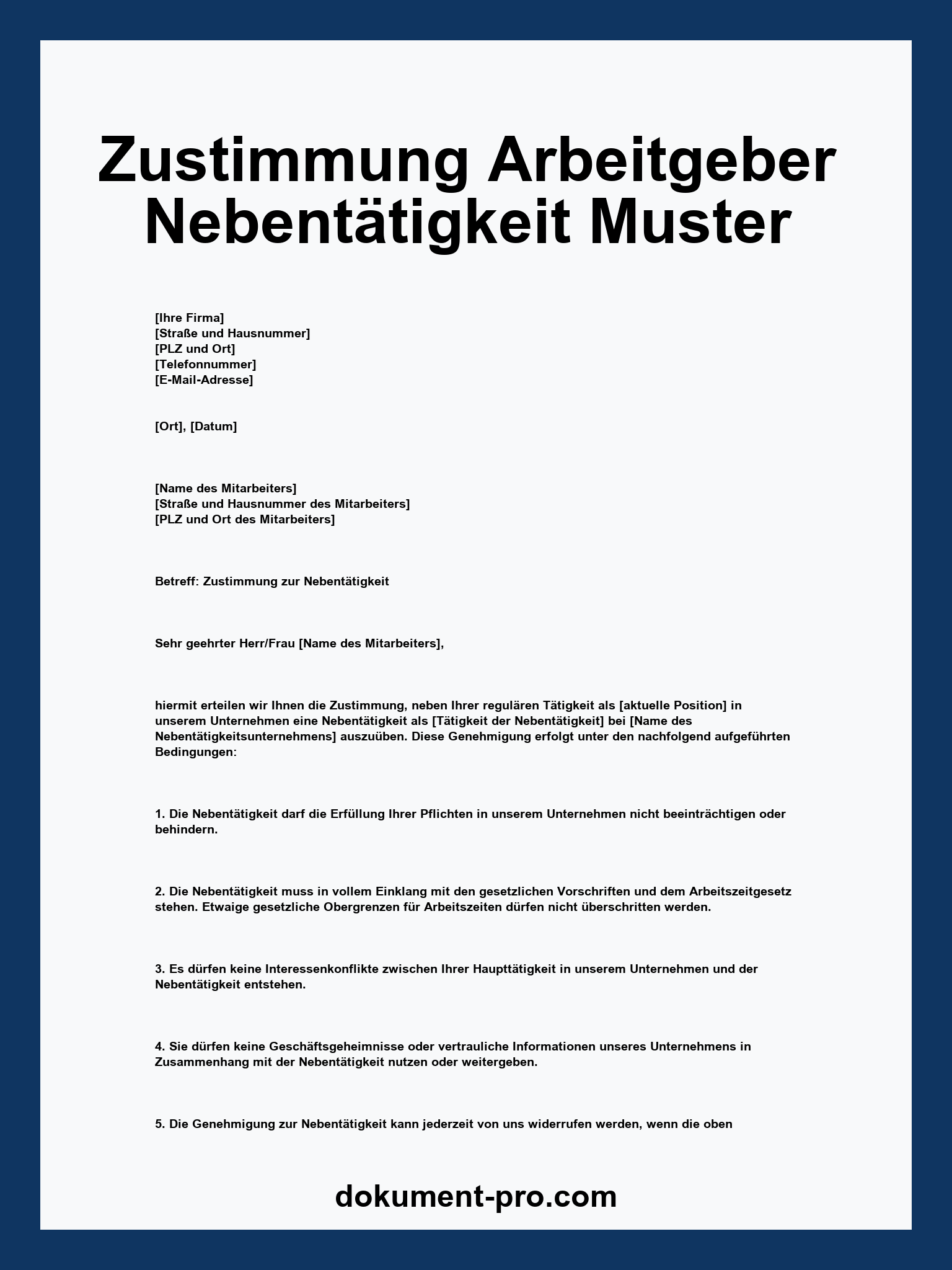 Zustimmung Arbeitgeber Nebentätigkeit Muster